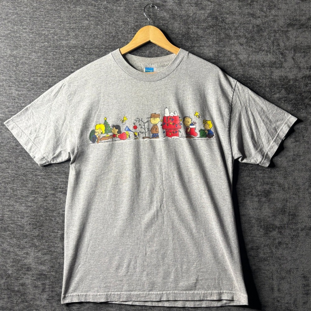Vintage 90s Peanuts Snoopy Christmas Graphic T-Shirt Grey Size Large Y2K Festive